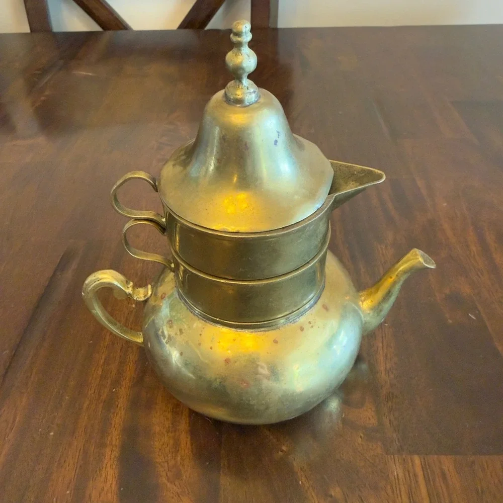 Vintage Brass Stacking Tea Set 4 Piece Teapot Creamer Sugar Bell Lid India Style